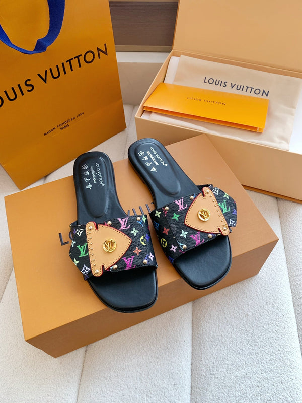 LV x Takashi Murakami Sunset Flat Comfort Sandal Black in Cowhide 703036