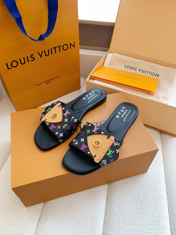 LV x Takashi Murakami Sunset Flat Comfort Sandal Black in Cowhide 703036