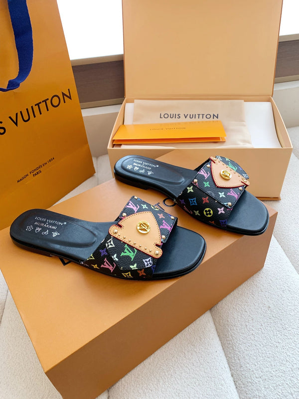 LV x Takashi Murakami Sunset Flat Comfort Sandal Black in Cowhide 703036