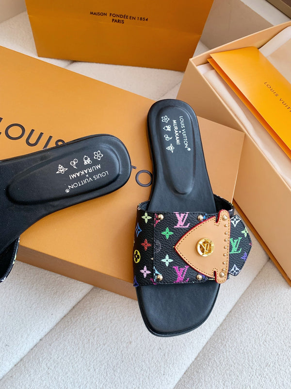 LV x Takashi Murakami Sunset Flat Comfort Sandal Black in Cowhide 703036