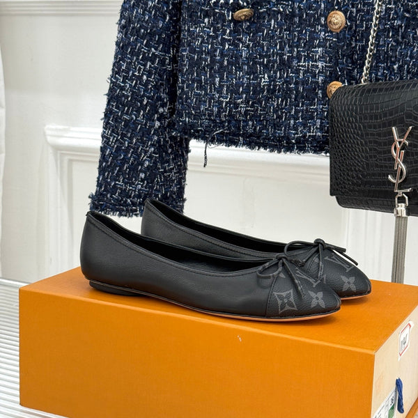 LV Classic Monogram Bow Ballet Flats Black in Lambskin 703032