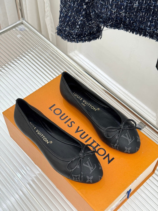 LV Classic Monogram Bow Ballet Flats Black in Lambskin 703032