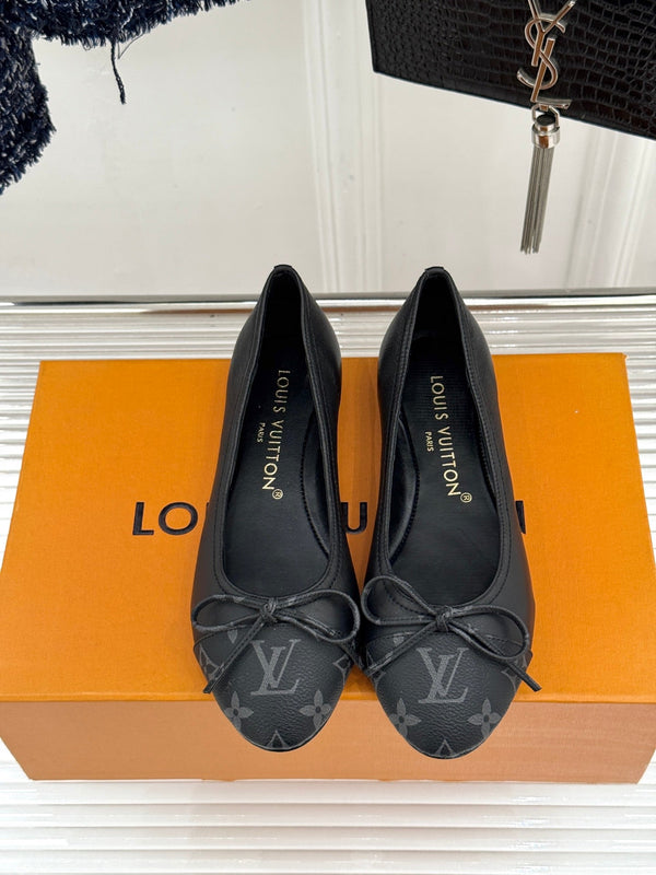 LV Classic Monogram Bow Ballet Flats Black in Lambskin 703032