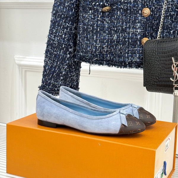 LV Classic Monogram Bow Ballet Flats Blue Black in Suede 703029