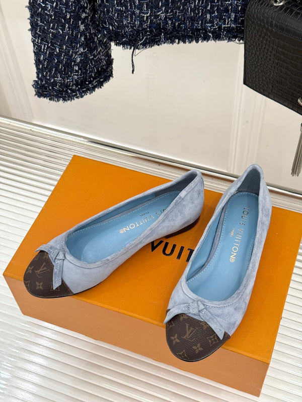 LV Classic Monogram Bow Ballet Flats Blue Black in Suede 703029