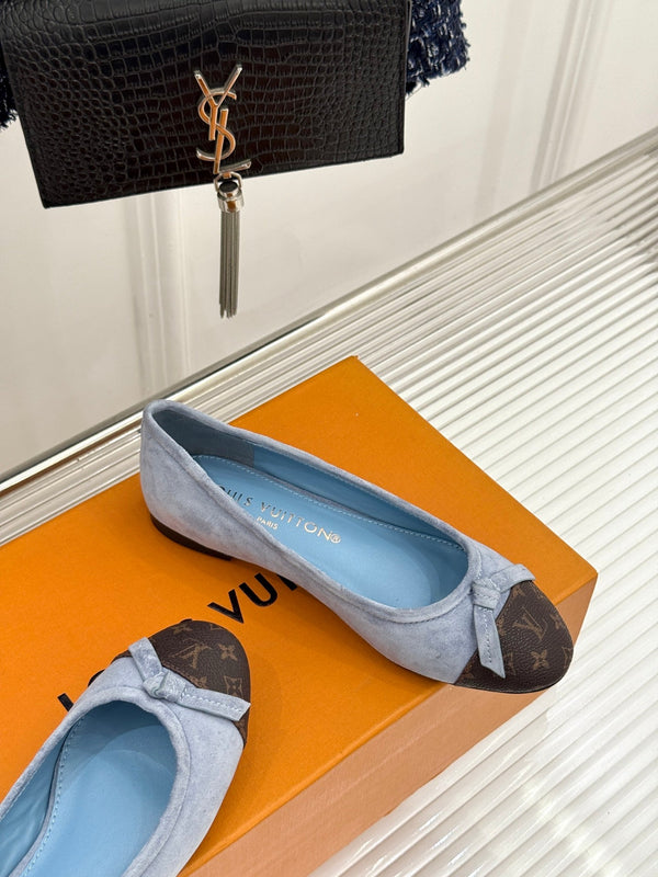LV Classic Monogram Bow Ballet Flats Blue Black in Suede 703029