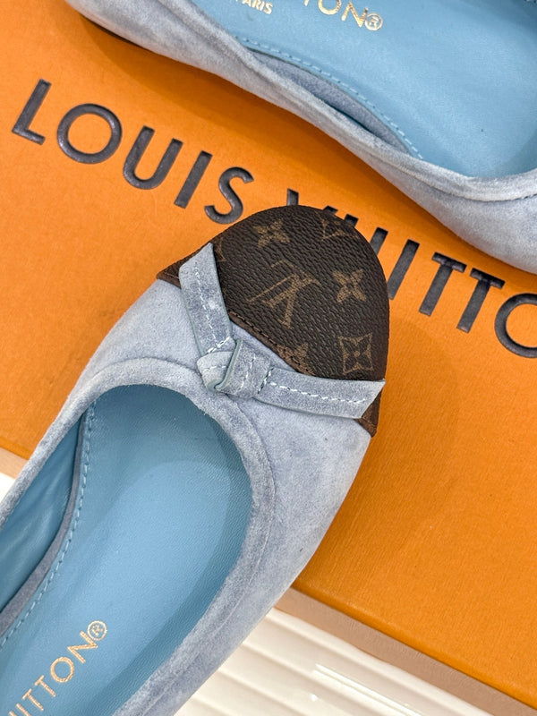 LV Classic Monogram Bow Ballet Flats Blue Black in Suede 703029