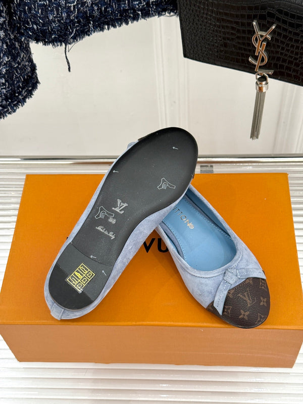 LV Classic Monogram Bow Ballet Flats Blue Black in Suede 703029