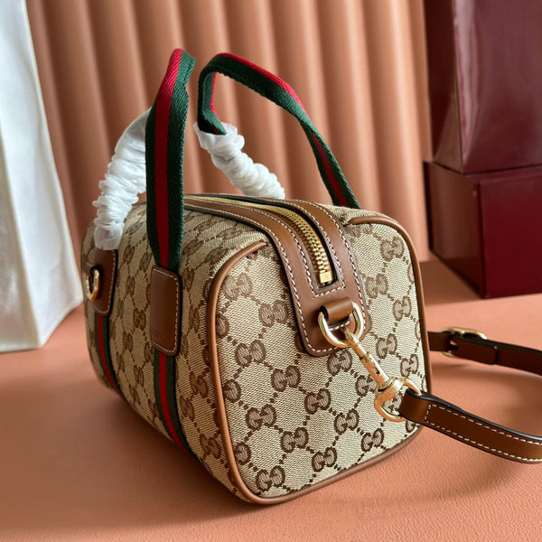 Gucci Mini 20 Handbag Dark Brown Beige in GG Monogram Coated Fabric 285246