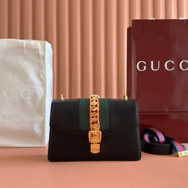 Gucci Sylvie 25.5 Shoulder Bag Black Gold in Cowhide 285222