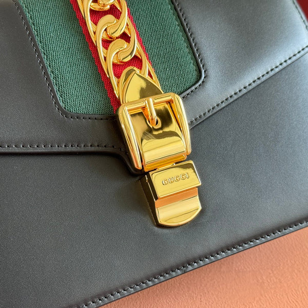 Gucci Sylvie 25.5 Shoulder Bag Black Gold in Cowhide 285222
