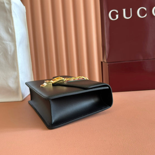 Gucci Sylvie 25.5 Shoulder Bag Black Gold in Cowhide 285222