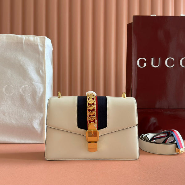 Gucci Sylvie 25.5 Shoulder Bag White Gold in Cowhide 285219