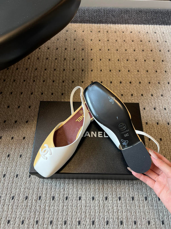 Chanel 26SS Color-Blocked Slingback Yellow White in Lambskin 708084