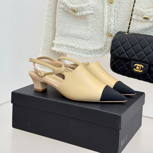 CC Pointed Toe Kitten Heel 30 Open Back Sandals Beige in Cowhide 706383