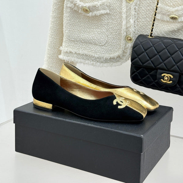 CC 26S Double C Patchwork Ballet Flat Gold Black in Customized leather 706369