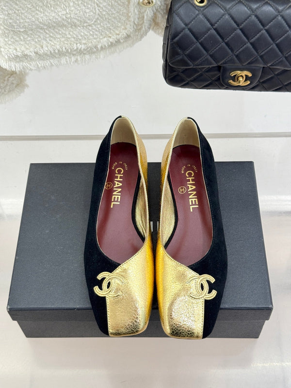 CC 26S Double C Patchwork Ballet Flat Gold Black in Customized leather 706369