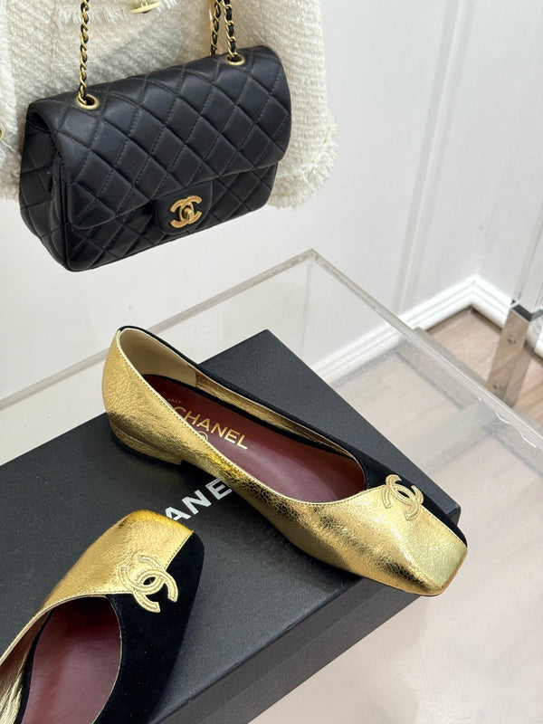 CC 26S Double C Patchwork Ballet Flat Gold Black in Customized leather 706369
