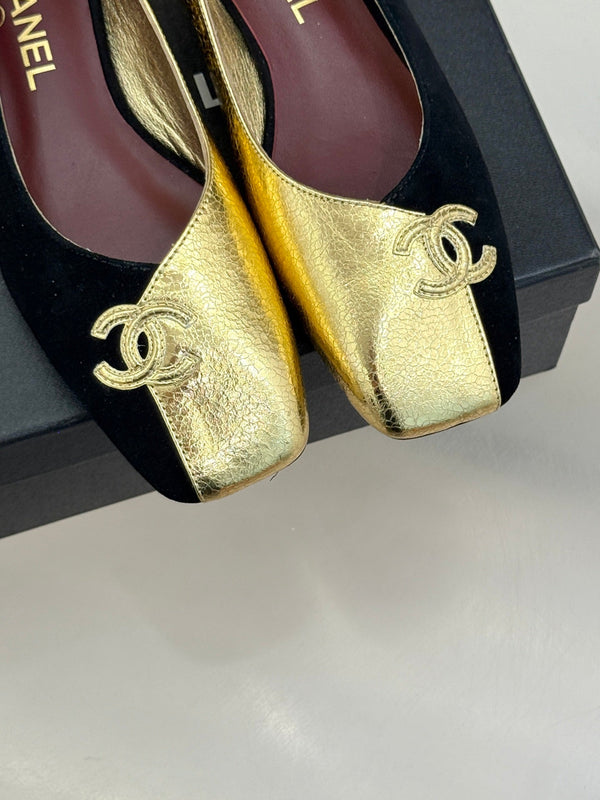 CC 26S Double C Patchwork Ballet Flat Gold Black in Customized leather 706369