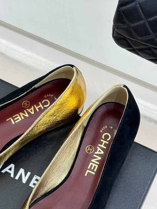 CC 26S Double C Patchwork Ballet Flat Gold Black in Customized leather 706369