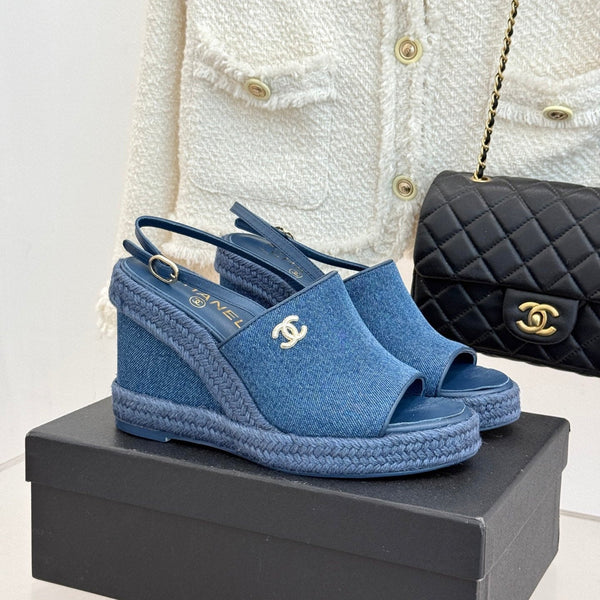 Chanel 26P Double C Rope Wedge Peep Toe Sandals Blue in Denim 706352