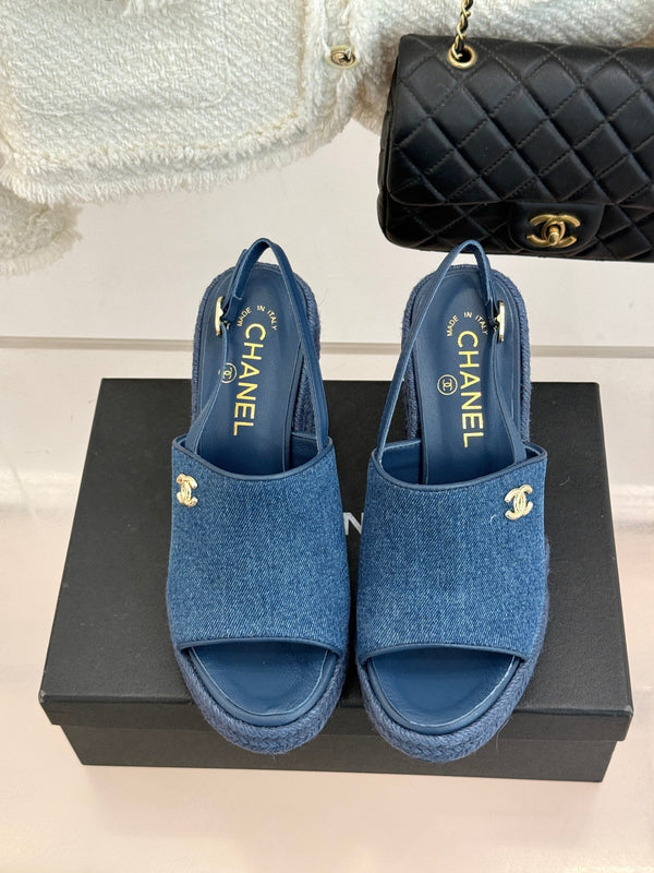 Chanel 26P Double C Rope Wedge Peep Toe Sandals Blue in Denim 706352