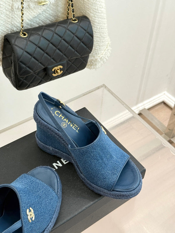 Chanel 26P Double C Rope Wedge Peep Toe Sandals Blue in Denim 706352
