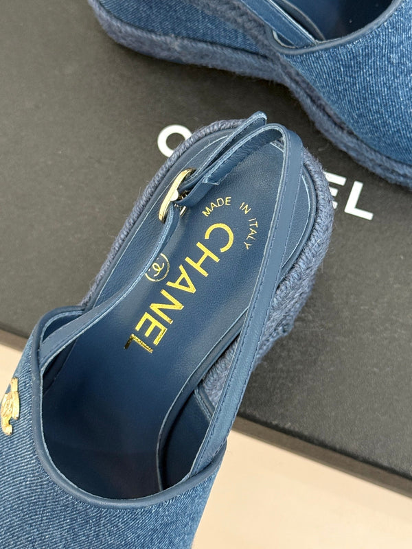Chanel 26P Double C Rope Wedge Peep Toe Sandals Blue in Denim 706352