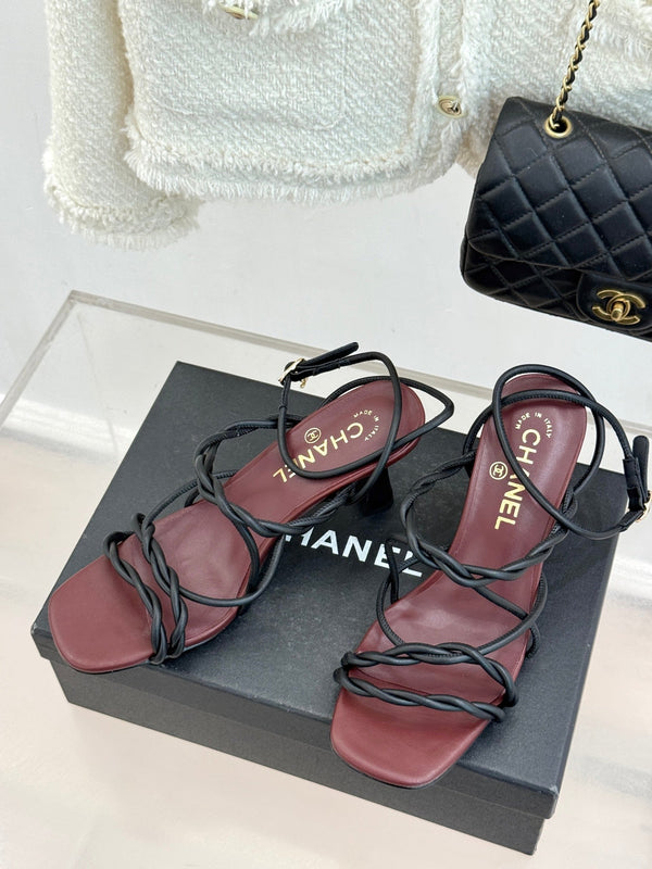 CC 26P Double C Strappy Square Toe High-Heeled 70 Sandals Burgundy in Cowhide 706348