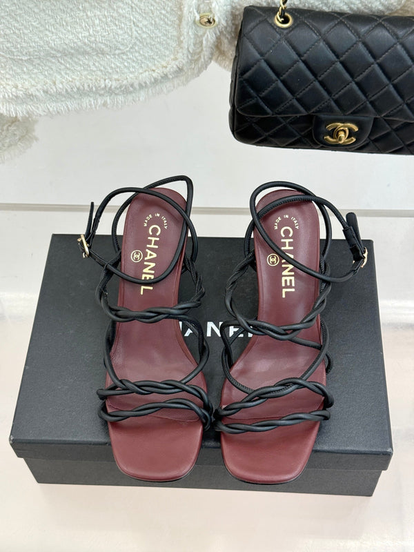CC 26P Double C Strappy Square Toe High-Heeled 70 Sandals Burgundy in Cowhide 706348