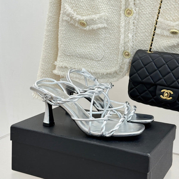 CC 26P Double C Strappy Square Toe High-Heeled 70 Sandals Silver in Cowhide 706346