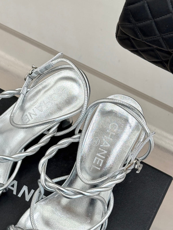 CC 26P Double C Strappy Square Toe High-Heeled 70 Sandals Silver in Cowhide 706346