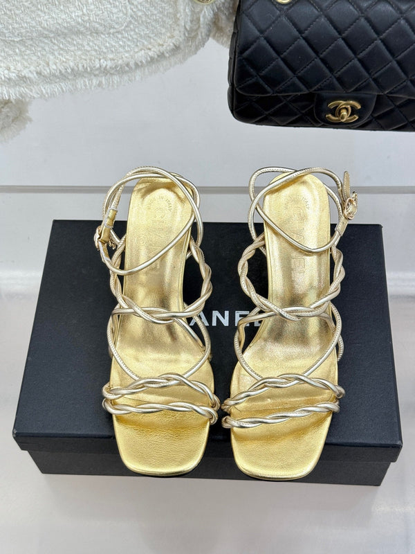 CC 26P Double C Strappy Square Toe High-Heeled 70 Sandals Gold in Cowhide 706345