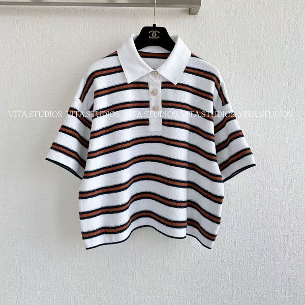Chanel 26 Striped Polo Shirt White Brown in Cotton Boucle Yarn 285423
