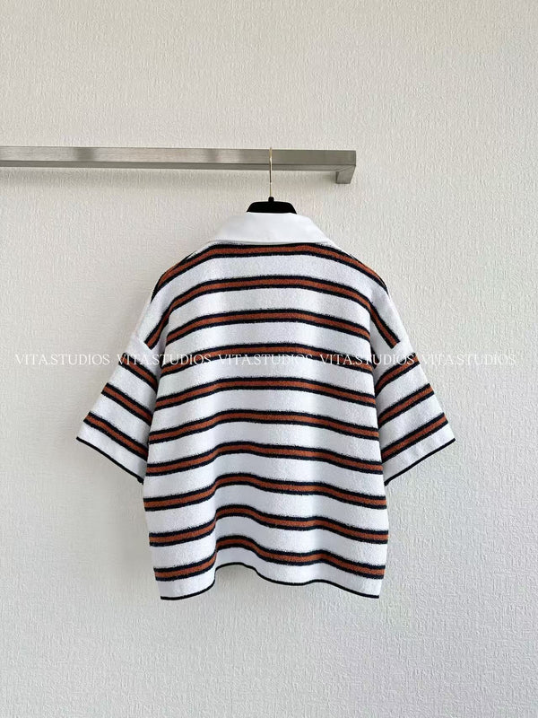 Chanel 26 Striped Polo Shirt White Brown in Cotton Boucle Yarn 285423