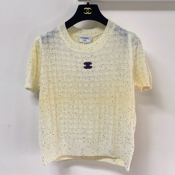T-shirt Chanel à Manches Courtes Jaune Clair en Laine 283191