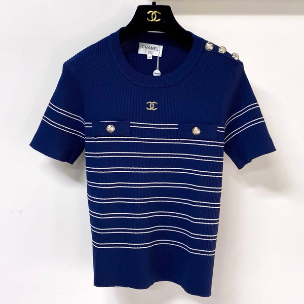 T-Shirt Manches Courtes Chanel Bleu Marine en Laine 287134