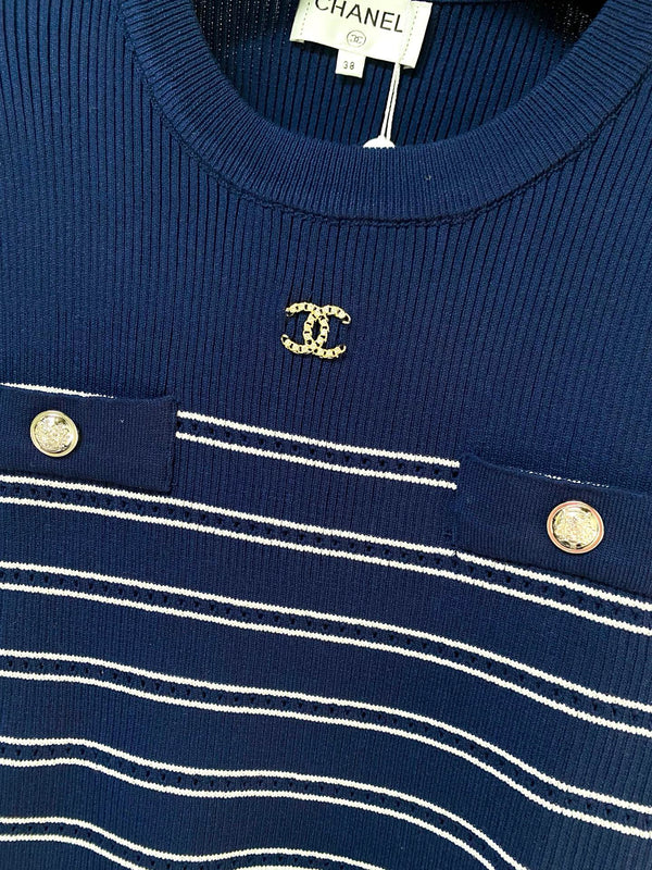 T-Shirt Manches Courtes Chanel Bleu Marine en Laine 287134