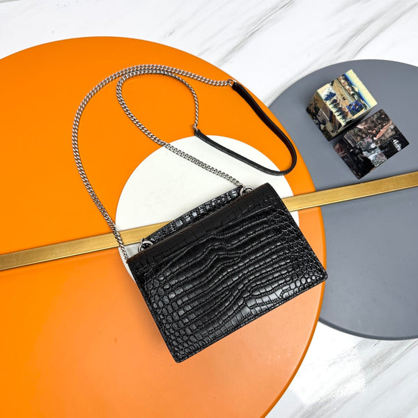 YSL Sunset Bag 19cm Black in Crocodile Pattern 285683