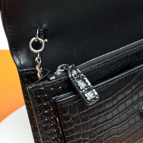 YSL Sunset Bag 19cm Black in Crocodile Pattern 285683