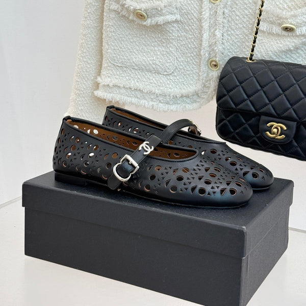 Chanel 26 Classic Double C Perforated Mary Jane Flats Black in Cowhide 717776
