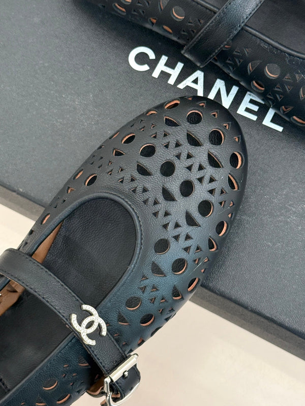 Chanel 26 Classic Double C Perforated Mary Jane Flats Black in Cowhide 717776