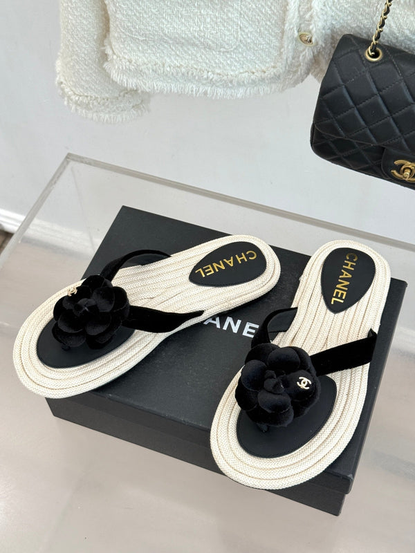 Chanel 26C Camellia Rope-Soled Flip-Flops Black in Velvet 717718