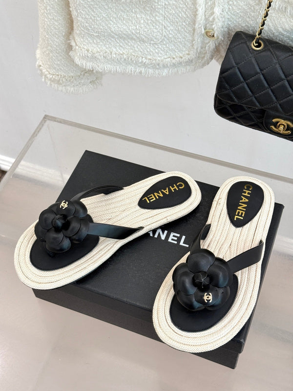 Chanel 26C Camellia Rope-Soled Flip-Flops Black in Sheepskin 717715