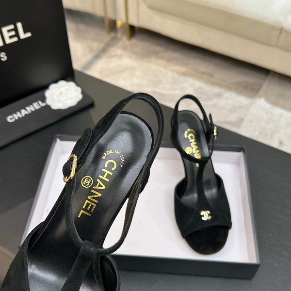 Chanel 26P Metallic Double C Stiletto Sandals 70 Black In Sandblasted Leather 717712