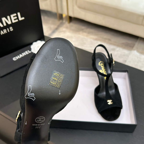 Chanel 26P Metallic Double C Stiletto Sandals 70 Black In Sandblasted Leather 717712