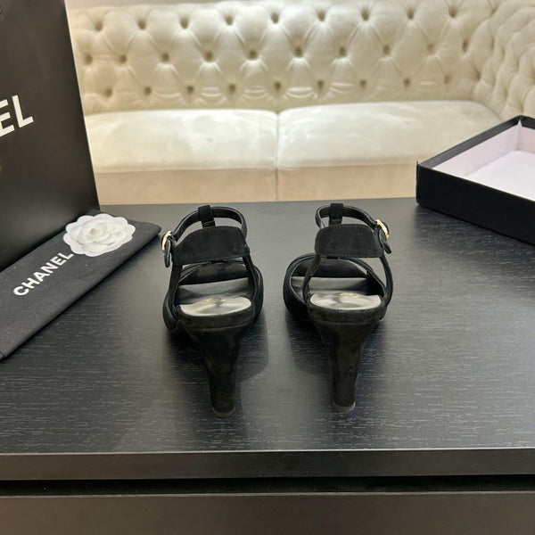 Chanel 26P Metallic Double C Stiletto Sandals 70 Black In Sandblasted Leather 717712