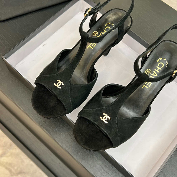 Chanel 26P Metallic Double C Stiletto Sandals 70 Black In Sandblasted Leather 717712