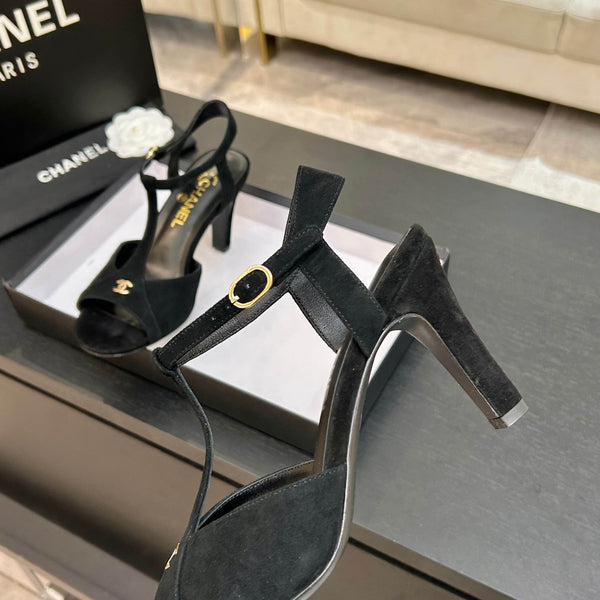 Chanel 26P Metallic Double C Stiletto Sandals 70 Black In Sandblasted Leather 717712