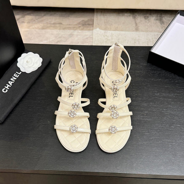 Chanel Camellia Pearl Chunky Heel Sandals White In Cowhide Leather 717698